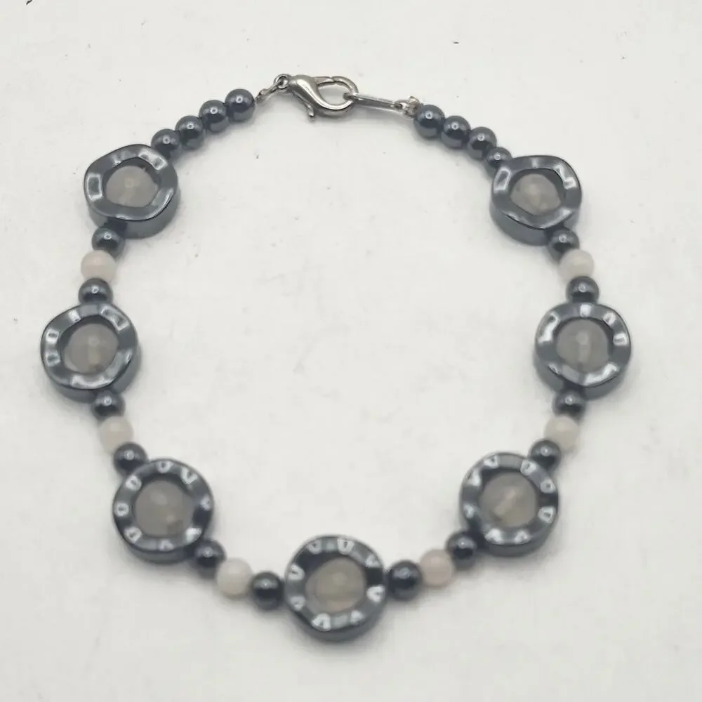 Smoky Quartz Hematite White Beaded Bracelet Black Gray Gemstone Clasp 7.5 Inch